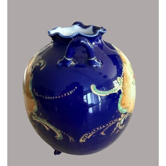 Antique Hand-Painted Cobalt Porcelain Floral Piedestal Vase Blue Florals & Gold - Picture 12 of 12